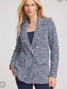 😍Chico's Blue Multi Tweed Double-Breasted Blazer XS